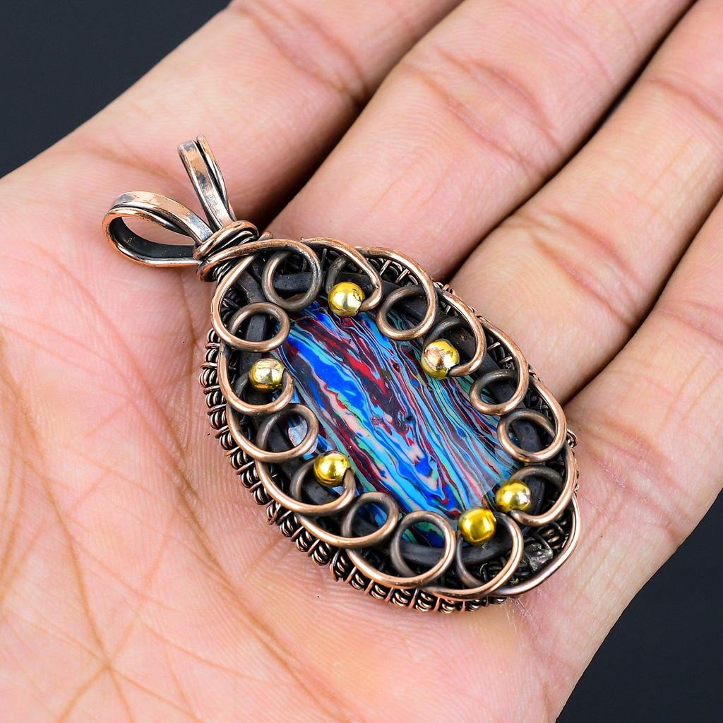 Радужный драгоценный камень Калсилика Чистая медная проволока обернутая подвеска ювелирных изделий ручной работы для подарка