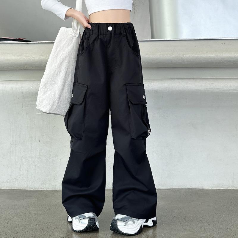 Девочковые брюки карго - Новый стиль 2025, Весна и Осень, Свободные прямые штанины для детей среднего и старшего возраста, Идеально подходят для танцев и летней носки.
