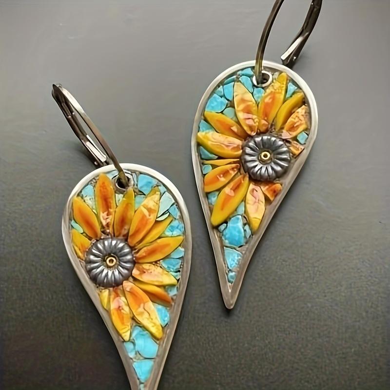Винтажные висячие серьги неправильной формы в виде капель с узором подсолнуха, ретро стиль отпуска, ювелирные изделия из сплава, нежный женский подарок