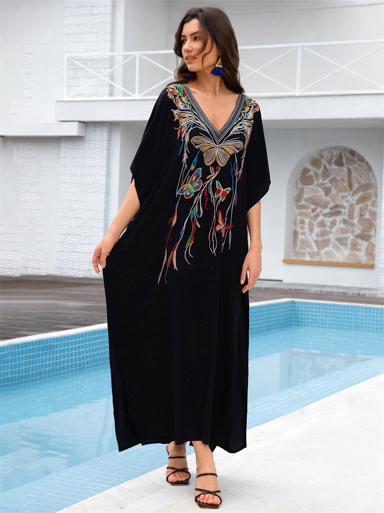 EDOLYNSA 2024 черный кафтан больших размеров с вышитыми бабочками, халат с V-образным вырезом, рукавами «летучая мышь», женское пляжное платье, купальник, накидка, уютная домашняя одежда Q1703