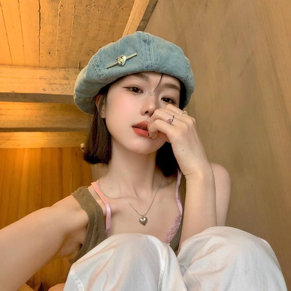 Берет Женский Любовь вываренный Деним Восьмиугольная Шляпа Тонкая Дышащая Восьмиугольная Шляпа Художника Большой Обхват Головы Подчеркивающий Лицо Маленькая Шляпа
