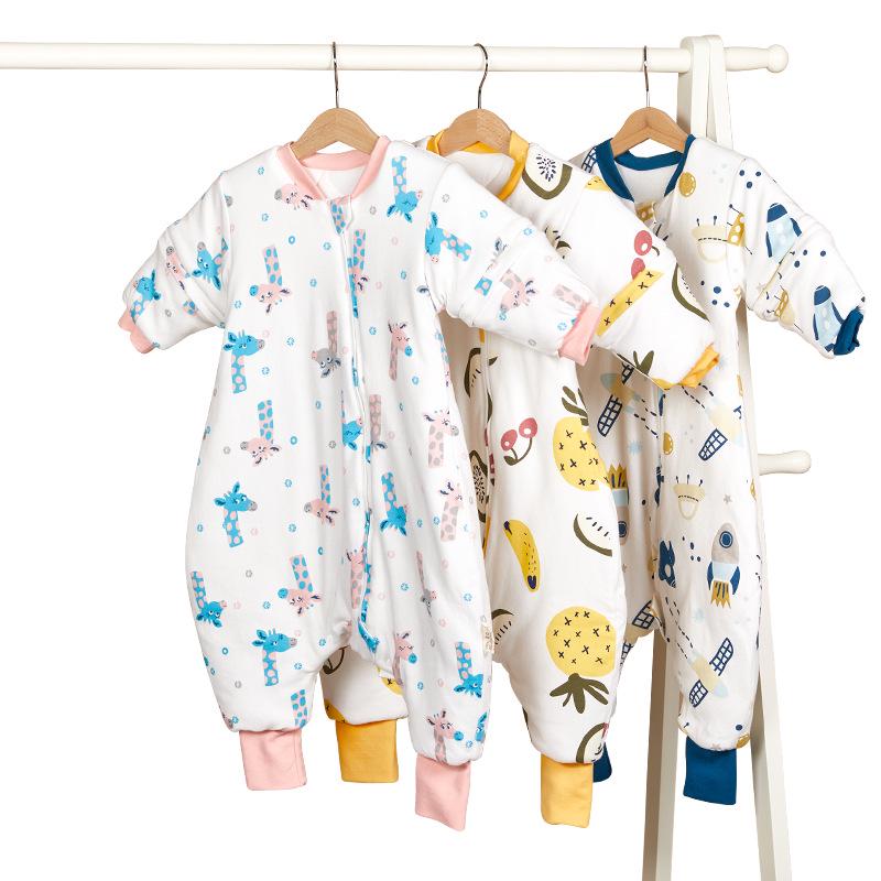 Детский спальный мешок из толстого и тонкого хлопка: Разрез по ноге, мультяшный дизайн, с рукавами, на все времена года