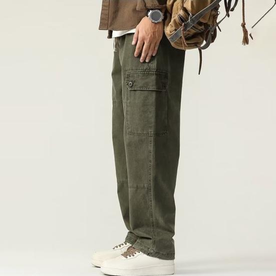 Мужские брюки-карго свободного кроя, однотонные, винтажный стиль, уличный стиль, широкие прямые брюки с несколькими карманами, уличные брюки для путешествий на открытом воздухе
