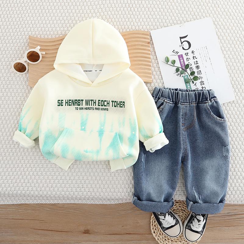 0-5 лет Комплект из двух предметов с длинными рукавами для мальчиков Детская толстовка с капюшоном и надписью Повседневные джинсы Комплект детской модной одежды