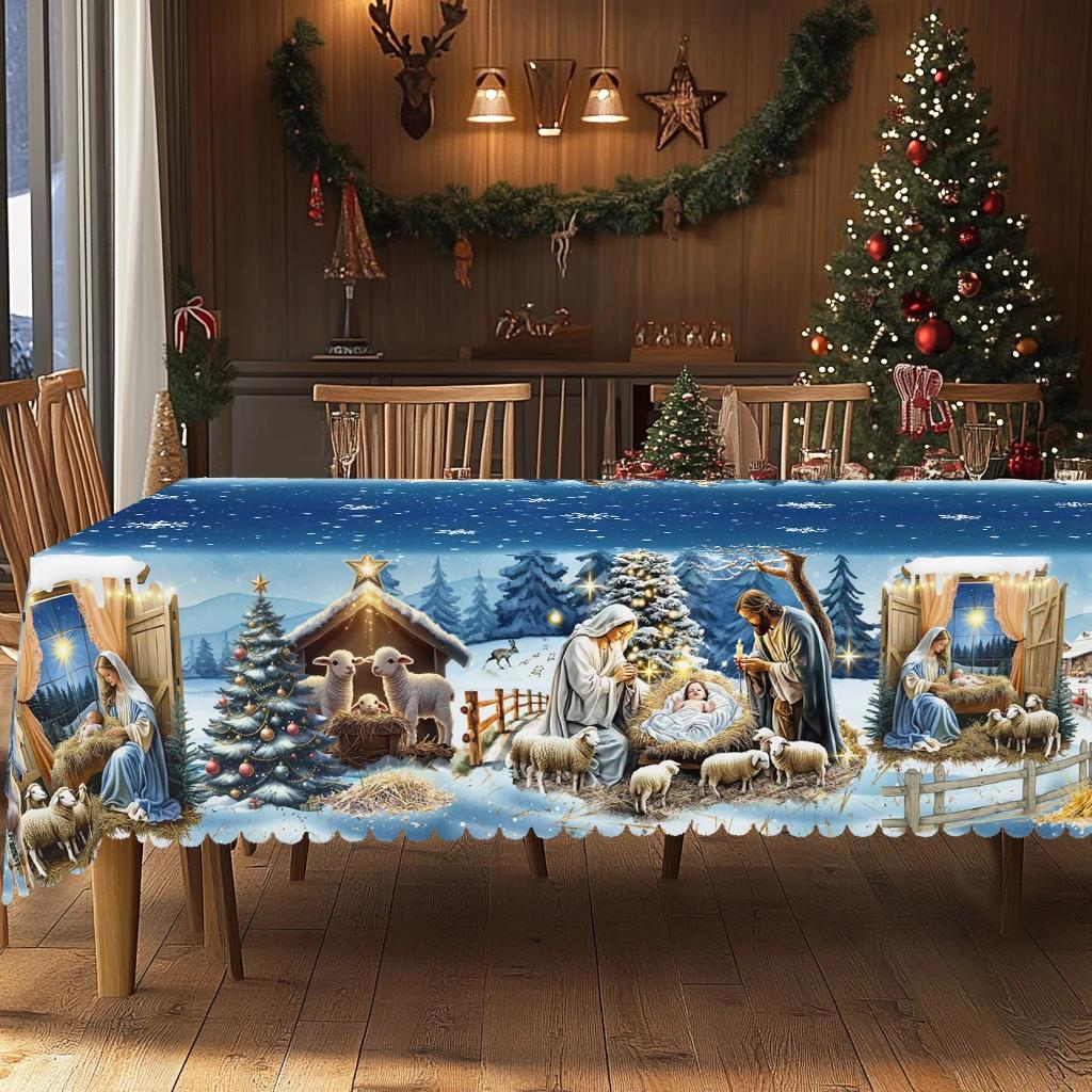 Blue Printed Christmas Tablecloth, Vintage Country Farmhouse Style for New Year and Holiday Parties