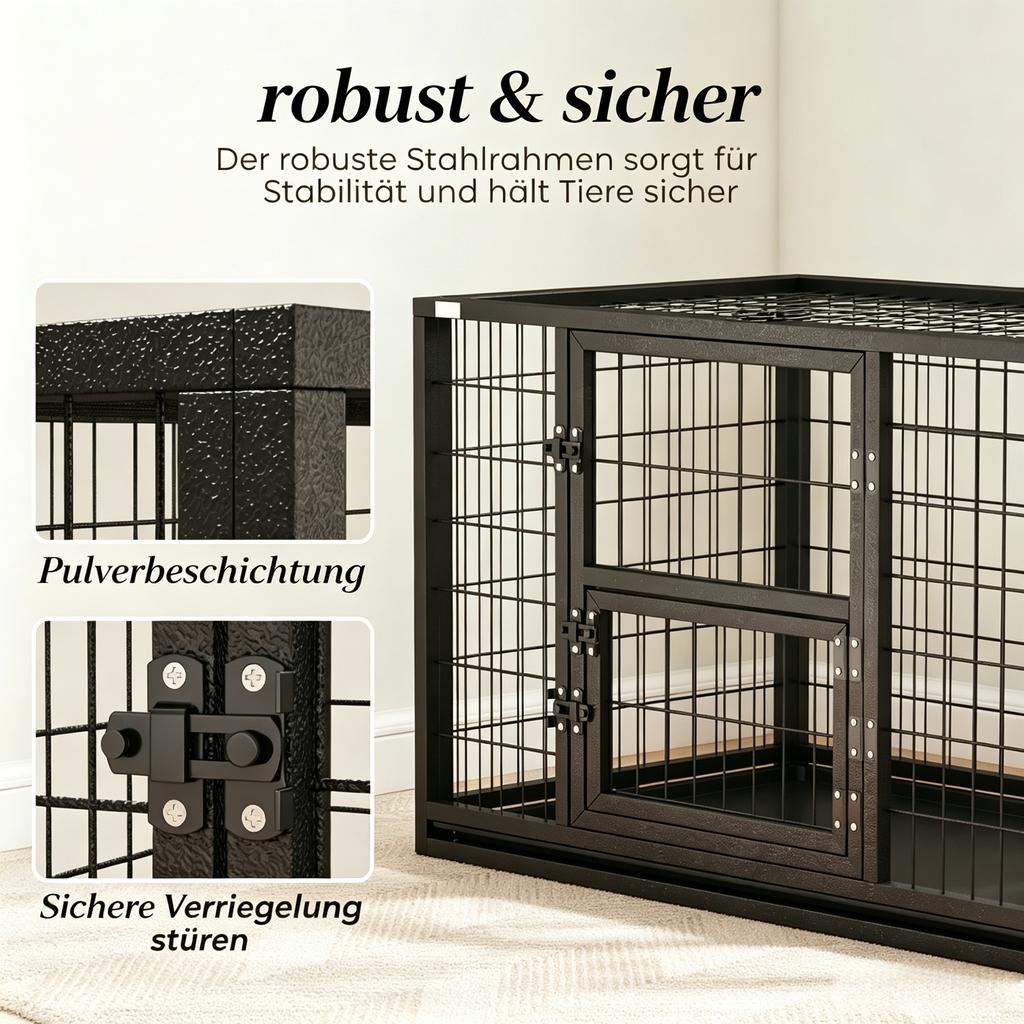 Sturdy steel dog cage for indoor use, with fold-open roof and integrated feeding door