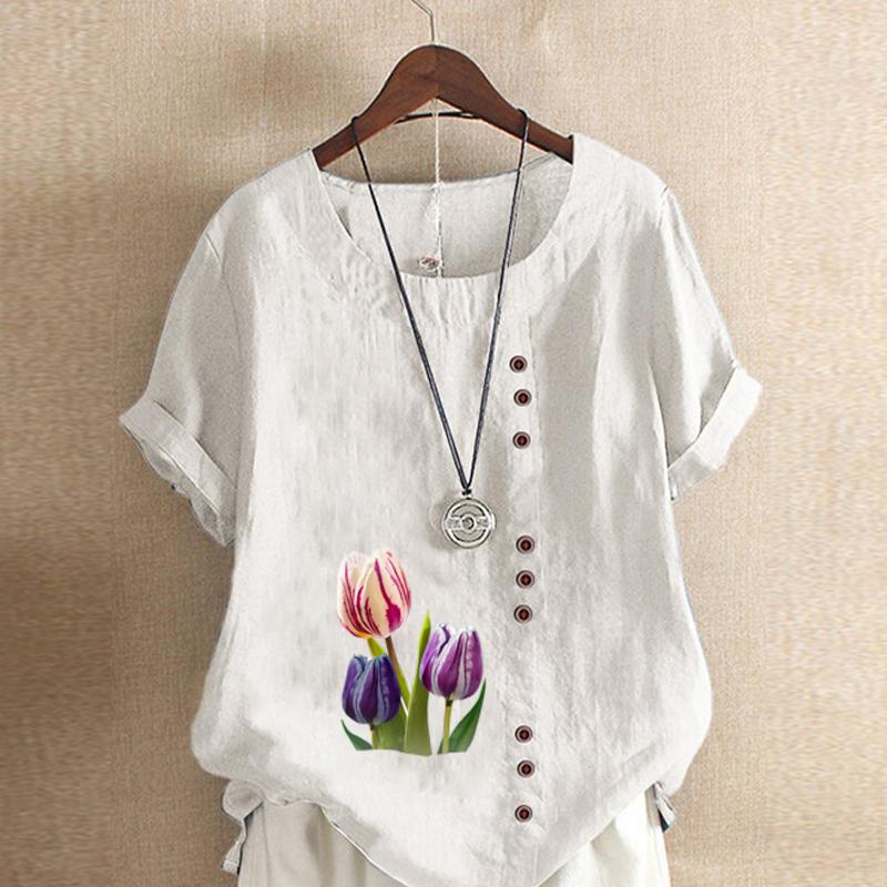 Women's Fashion Round Neck Short Sleeve T-shirt Casual Cotton Linen Graphic Shirt Tulips Prined Summer Blouse Tops