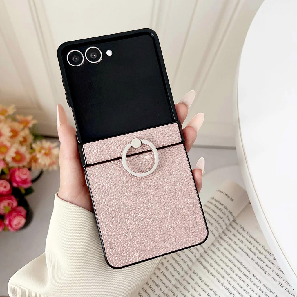 High-end Busine Sle Litchi Texture Leather Foldable Phone Case for Samsung Galaxy Z Flip 7 6 5 4 3 Ring Holder Protection Cover