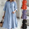 Women's Mid-length V-neck Half-sleeved Cotton Linen Loose Dress With Pockets