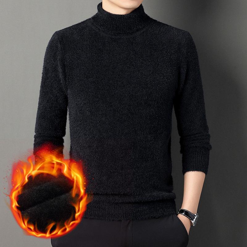Men's Winter Solid Color Warm Turtleneck Thick Sweater Imitation Mink Velvet Knitted Base Layer Plus Velvet Sweater