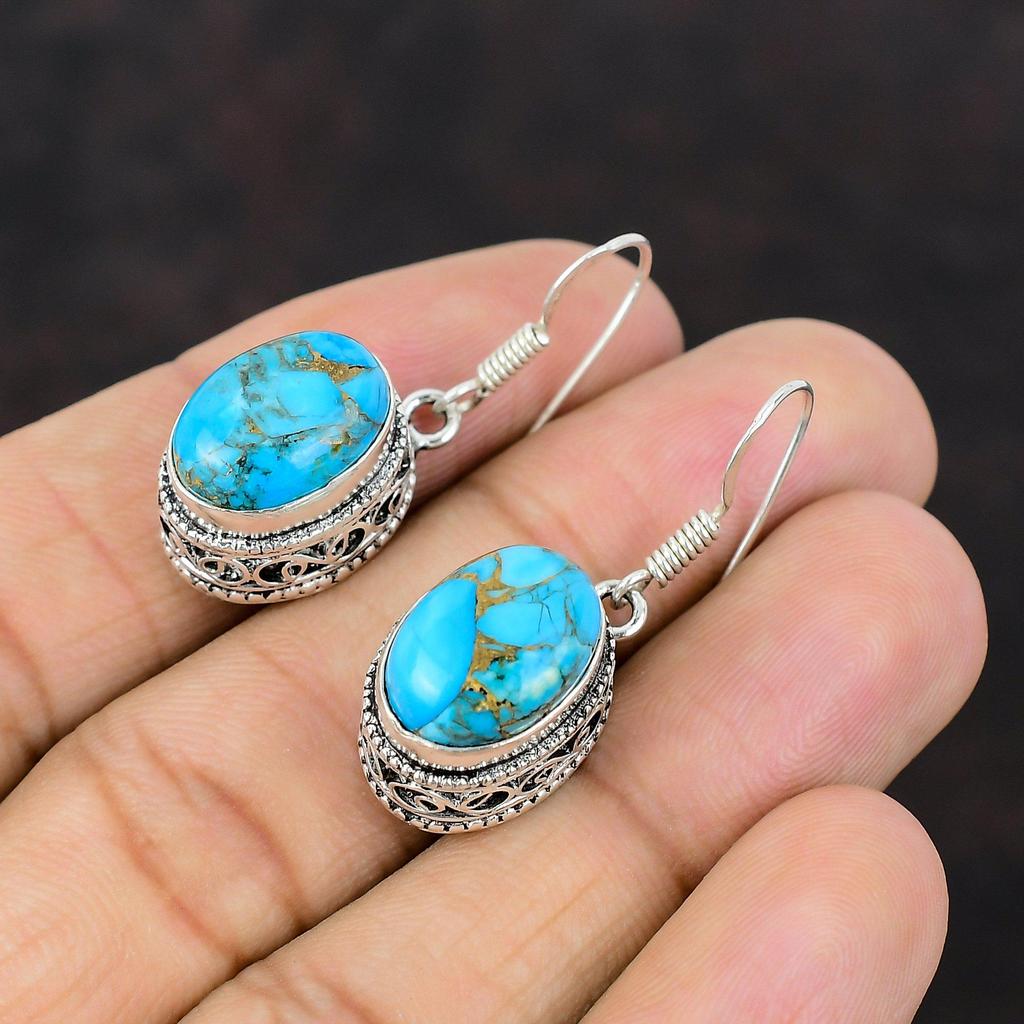 Медные синие бирюзовые серьги Изысканные ювелирные изделия ручной работы Серьги из стерлингового серебра 925 пробы Замечательные ювелирные изделия из драгоценных камней Винтажные серьги Подарок для друга