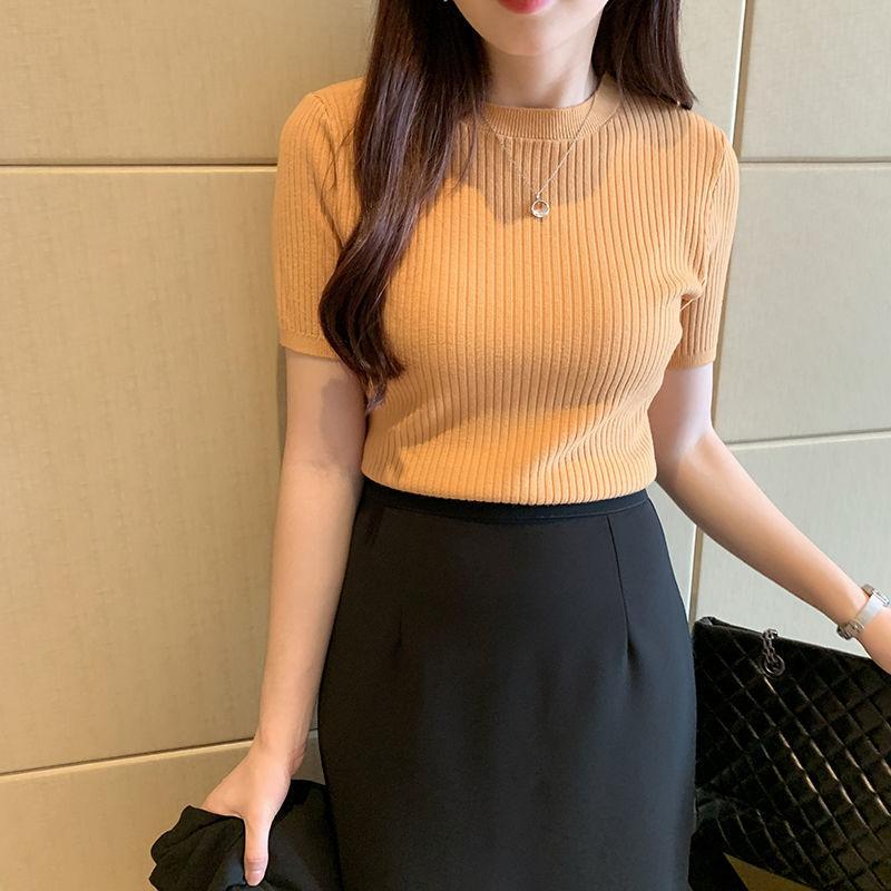 Летний тонкий вязаный свитер, топ с короткими рукавами, женский пуловер, внутренний свитер, короткая рубашка с круглым вырезом