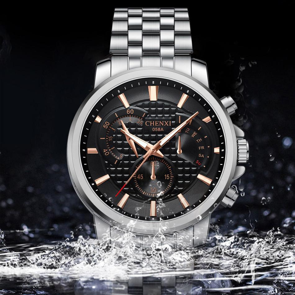 Модные мужские часы Серебряный ремешок из нержавеющей стали Водонепроницаемые повседневные деловые кварцевые наручные часы