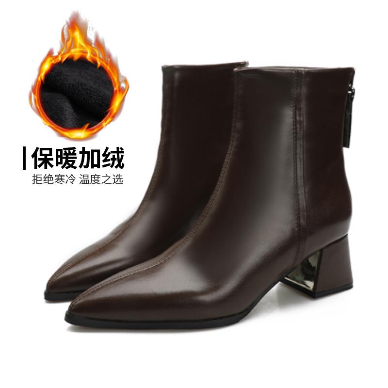 2024 короткие сапоги на высоком каблуке для женщин осень-зима новые женские сапоги на толстом каблуке с застежкой-молнией сзади корейская версия короткие коричневые сапоги с острым носком для чи