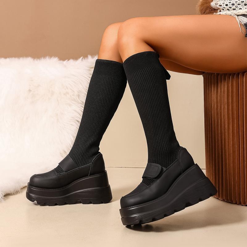 Fashion Thick Bottom Solid Black Elastic Boots Women Autumn Chunky Platform Super High Heel Knee Boots Sexy Party Long Booties
