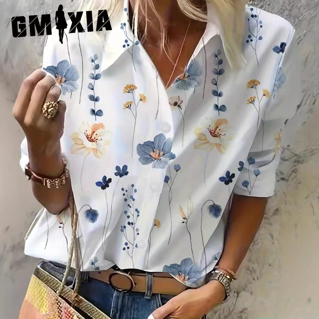 GMXIA Летняя женская рубашка с длинным рукавом и принтом стрекозы. Женская модная рубашка.