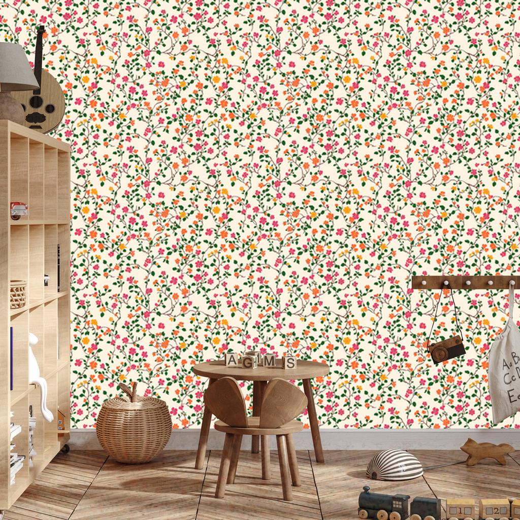 Wallpaper Small Flowers Cream, Beige and Lime for Living Room and Bedroom 50x1000
