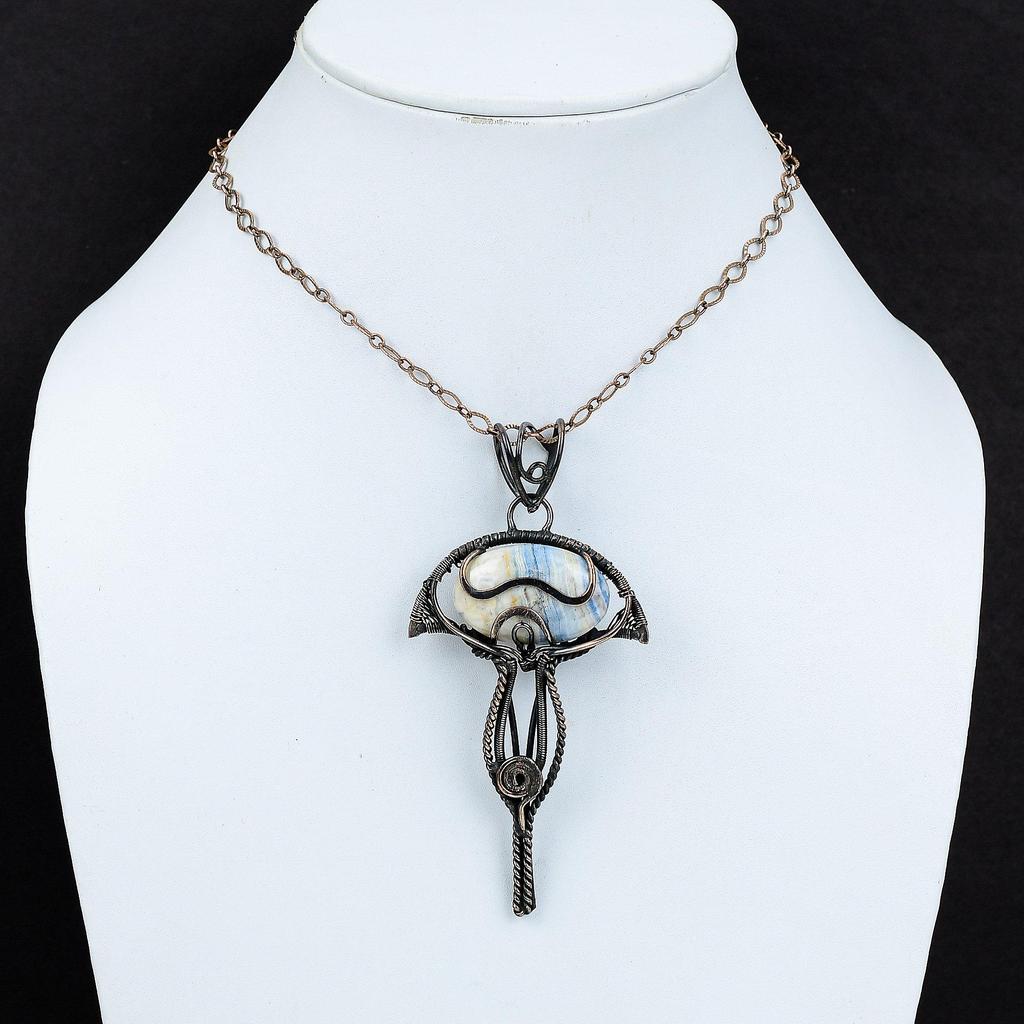 Голубой шеелитовый кулон, обернутый медной проволокой, красивое медное украшение, кулон с настоящим драгоценным камнем, ручная работа, обернутая проволокой, подарок для мамы