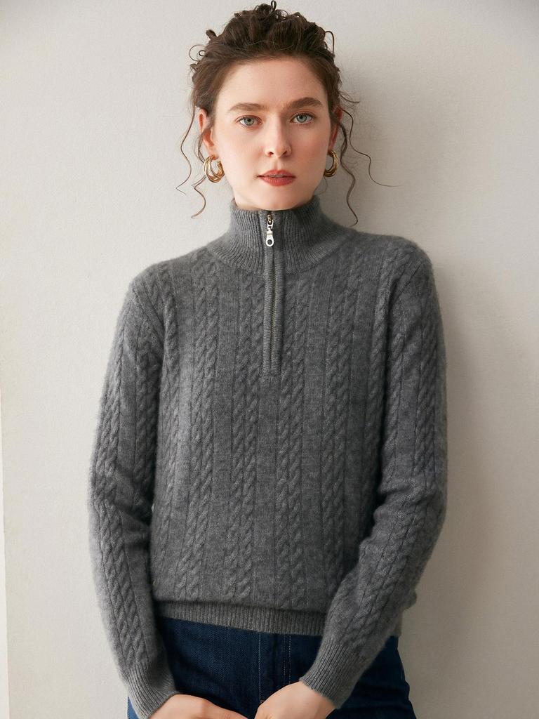 Women's Thickened Cashmere Stand Collar Sweater - Loose Fit, Zipper Lapel, Autumn/Winter 2024