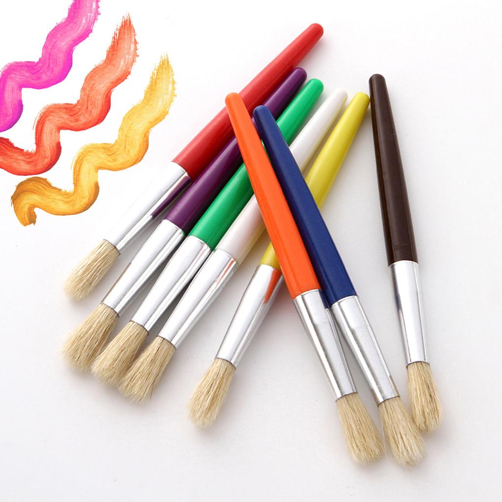 8pcs Round Tip Colorful Paint Brushes Set Bristle Hair Chubby Plastic Handle Paintbrush Easy to Clean Art Supplies Gift for Children Adults Drawing P