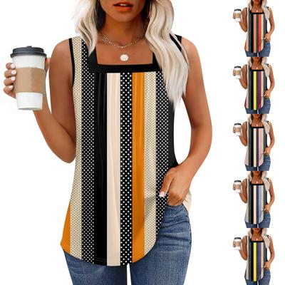 Майка для женщин Летние наряды Без рукавов Блузки с принтом Повседневные свободные рубашки Плиссированные квадратные вырезы