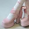 Retro Thick Heel Mary Janes High Heels Spring Autumn Pink Wedding Shoes Heightening Shoes