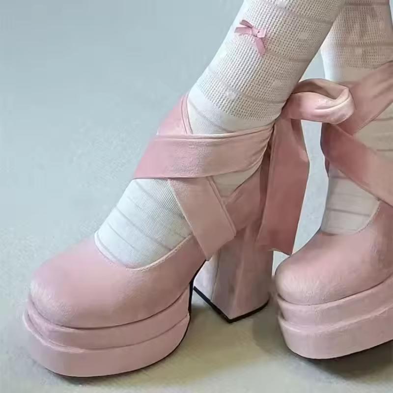 Retro Thick Heel Mary Janes High Heels Spring Autumn Pink Wedding Shoes Heightening Shoes