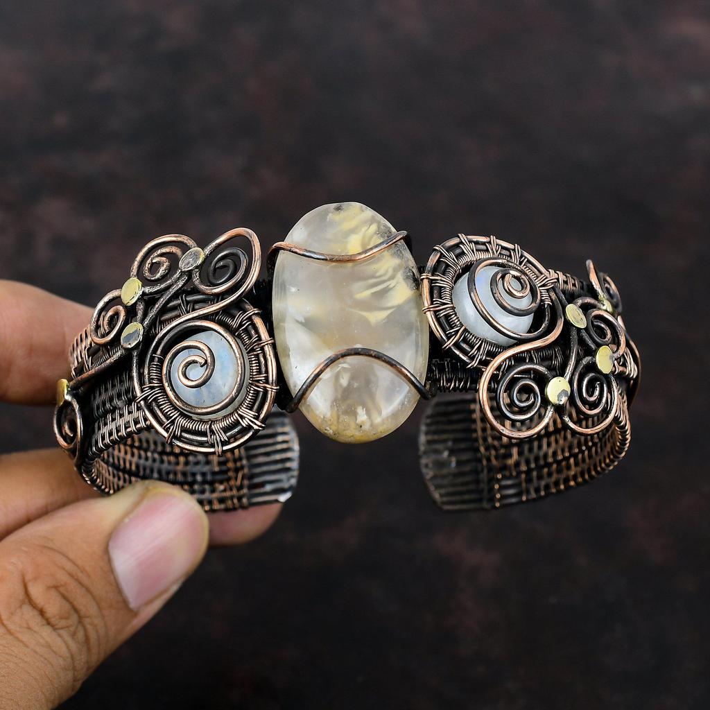 Plume Agate Gemstone Bangle Copper Wire Wrapped Cuff Bracelet Handmade Rainbow Moonstone Bangle Adjustable Cuff Bracelet Copper Wire Jewelry