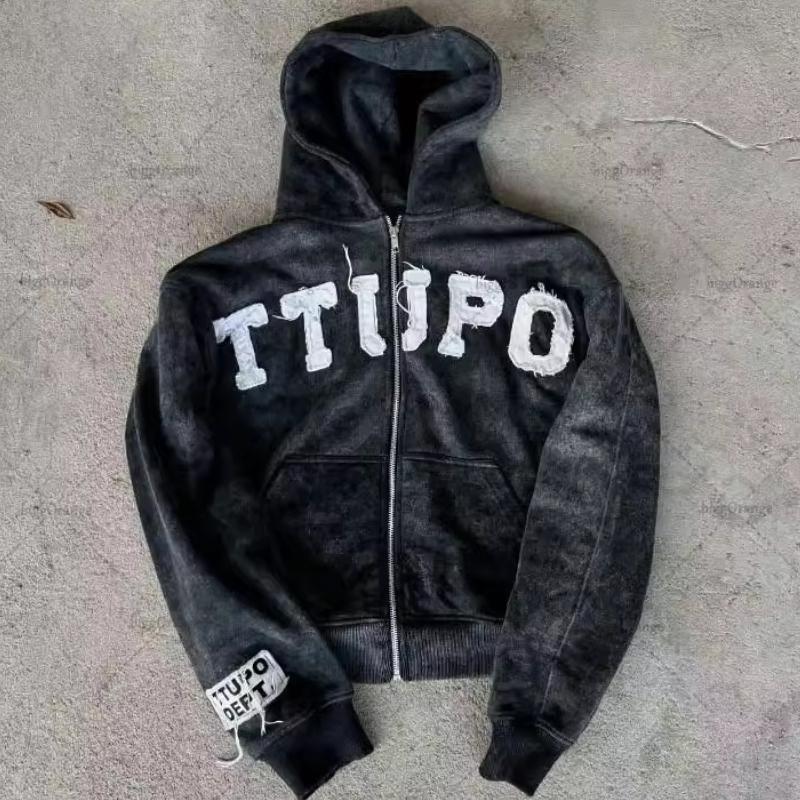 Мужская и женская свободная толстовка с капюшоном на молнии в стиле ретро Y2K в стиле уличной моды с цветными нашивками и вышивкой