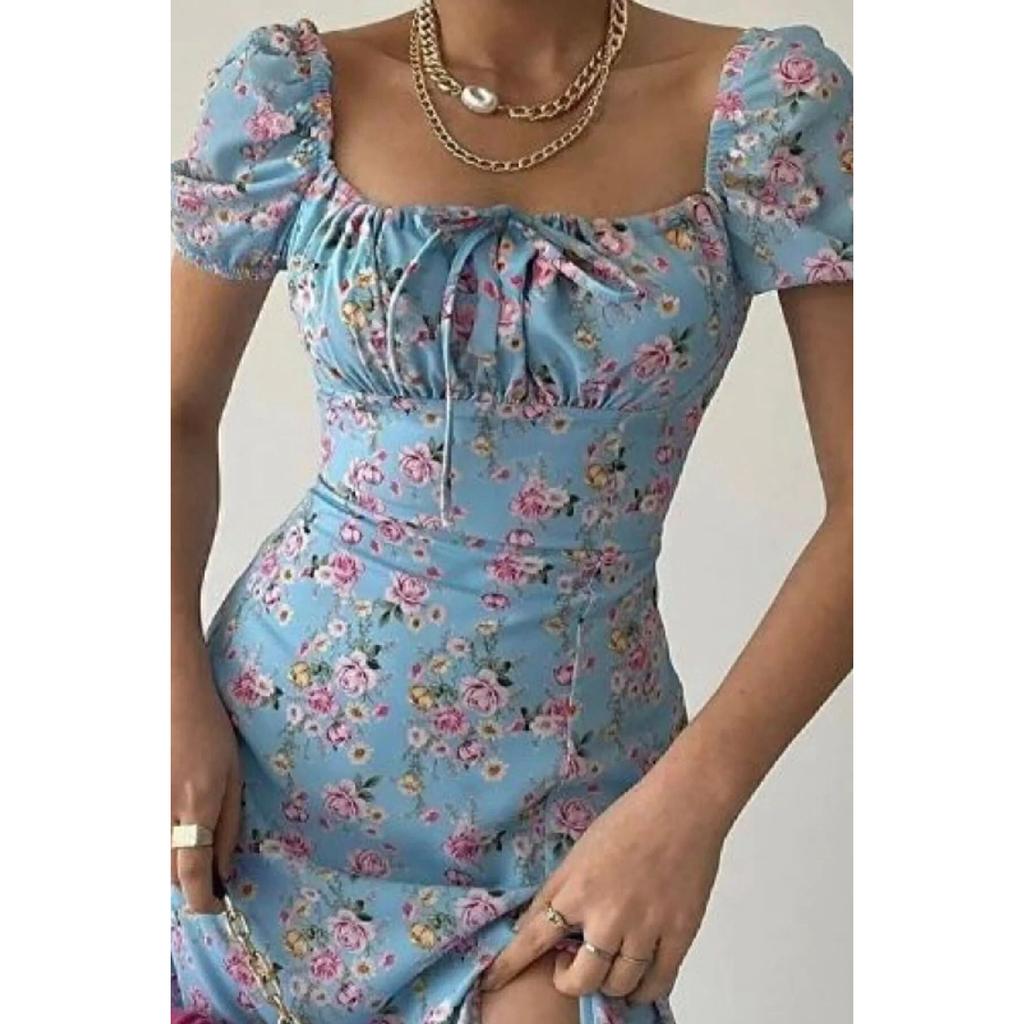 Women's Slit Loose Cut Skirt Collar Tie Detail Short Sleeve Blue Floral White Summer Dress