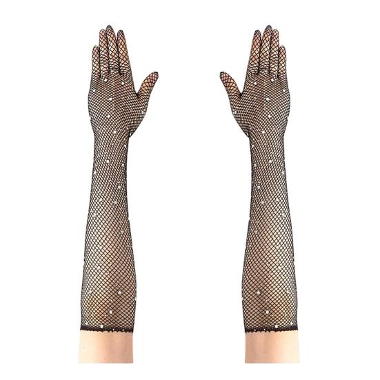 Long Rhinestone Fishnet Gloves for Women Sparkly Mesh Elbow Length Gloves for Rave Party Halloween Wedding Costume Accessories