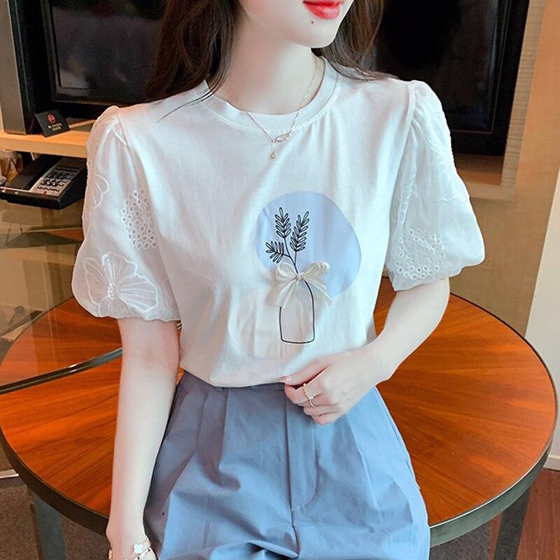 Повседневная футболка с принтом, женские элегантные летние женские топы с круглым вырезом, кружевная рубашка в корейском стиле, пышная блузка с короткими рукавами 27463