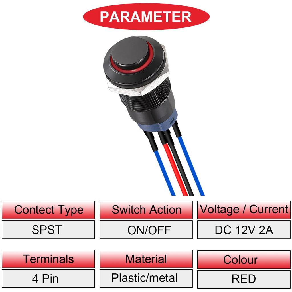 MKBKLLJY 6 шт. 12 мм светодиодный кнопочный переключатель с фиксацией, черный корпус, предварительно смонтированный, IP65 с красным светодиодом для автомобиля, морской лодки