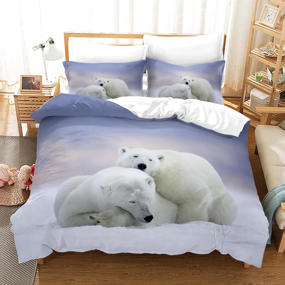Polar Bear Print Bedding Set Gift, Ice and Snow Nature Themed Duvet Cover and Pillowcases, Suitable for Single/double/king/king Beds.