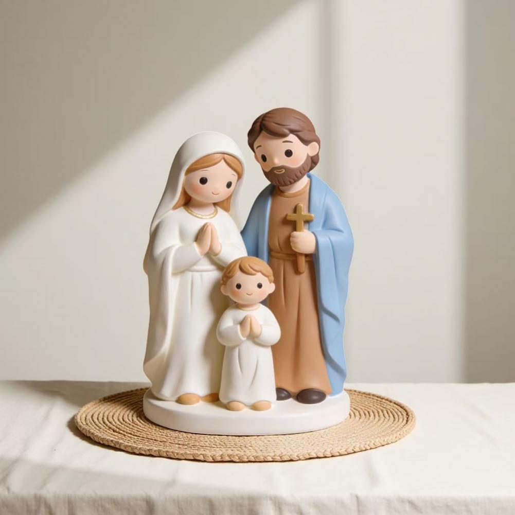 Home Decor Christmas Nativity Scene Figurine Set Cartoon Manger Baby Jesus Resin Craft Indoor Holiday Tabletop Decor Gift Family