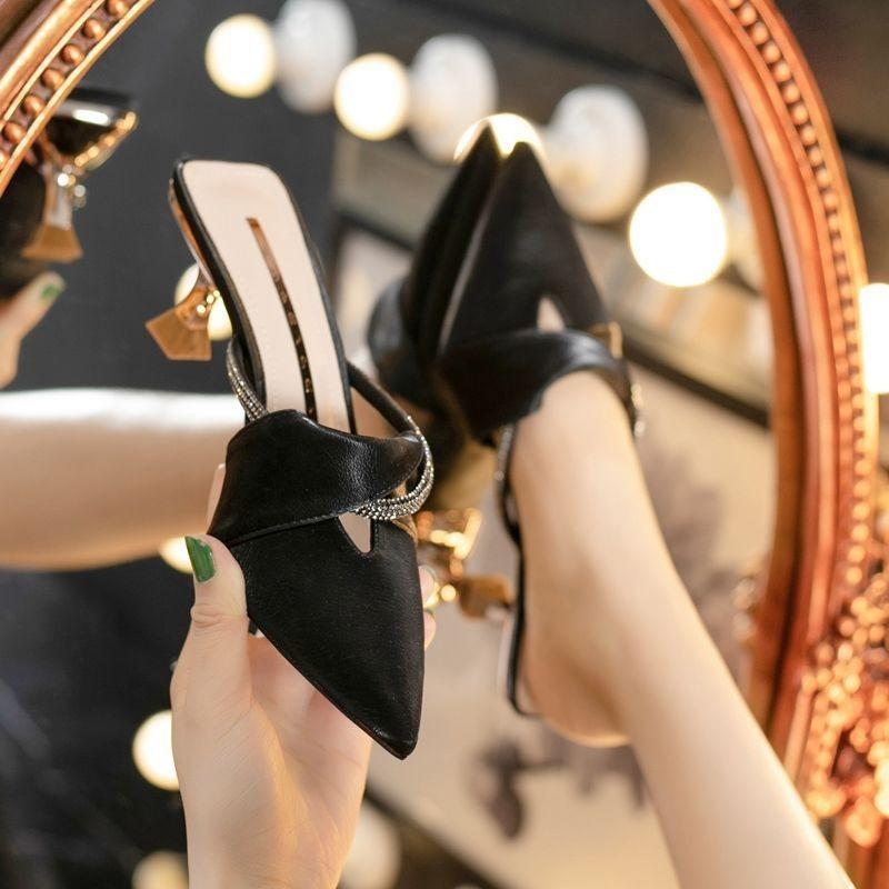 Temperament Thin Heel Half-lift High Heels New Versatile Pointed Cool Slippers Women's Summer Outer Bag Head