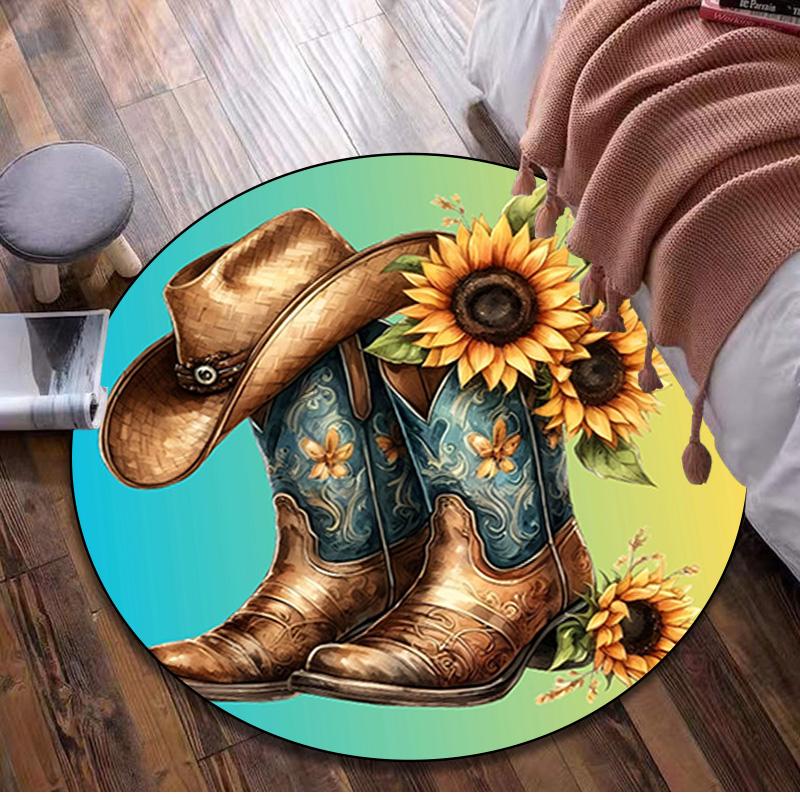 1Pc Cowgirl Boots Hat Circular Print Rug - home decoration Carpet For Living Room Bedroom Flooring Computer Chair Area Rug