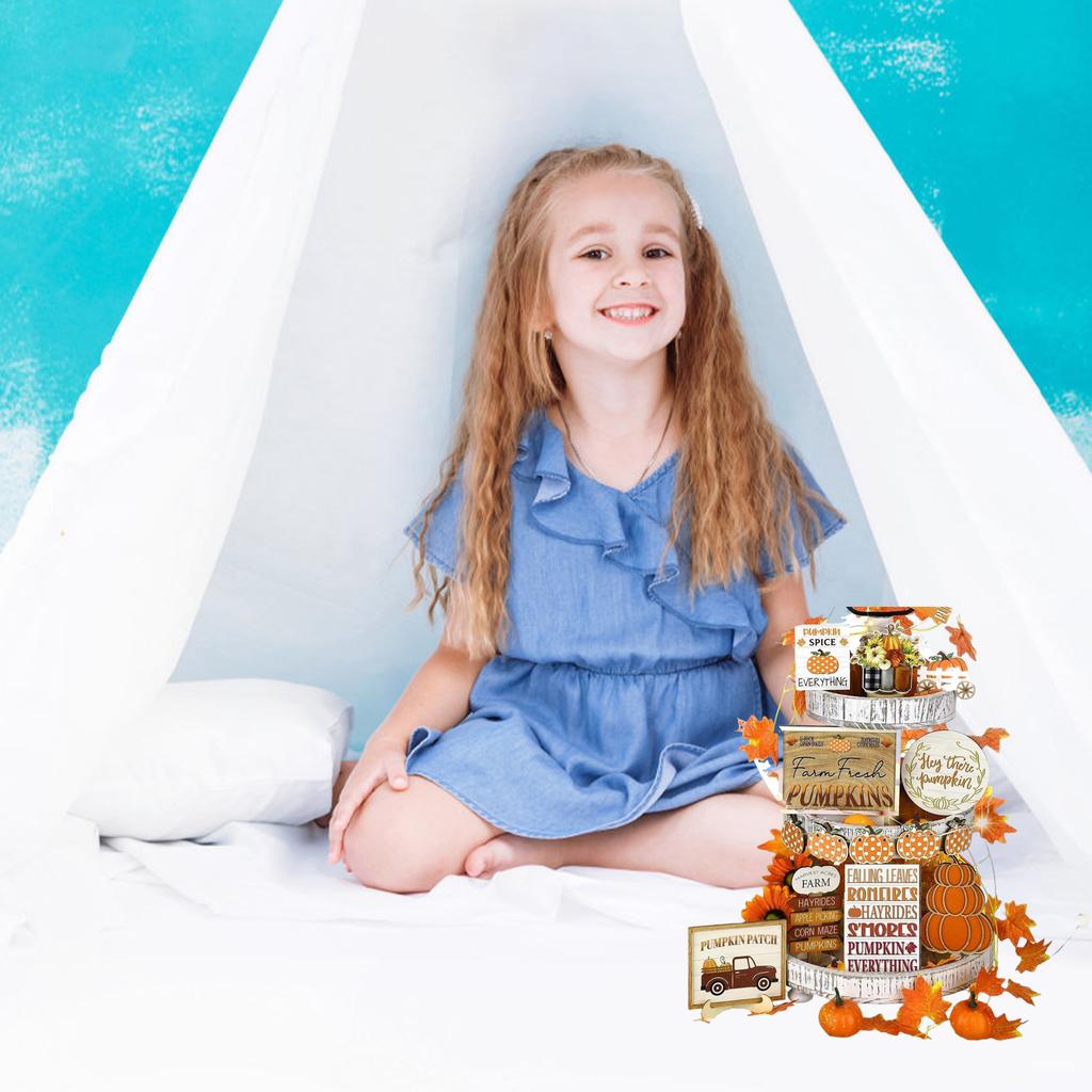 Owis Fall Tiered Tray Decorations Set For Thanksgiving, Pumpkin Truck Wooden Tabletop Decor