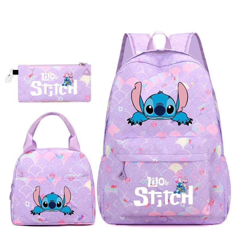 Stitch Student 3-Piece Backpack Set Large Capacity Double Shoulder Bag Cute Cartoon Unisex Durable Waterproof