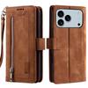 For iPhone 17 Pro Max Case 9 Card Slots Zipper Wallet PU Leather Phone Cover with Wrist Strap