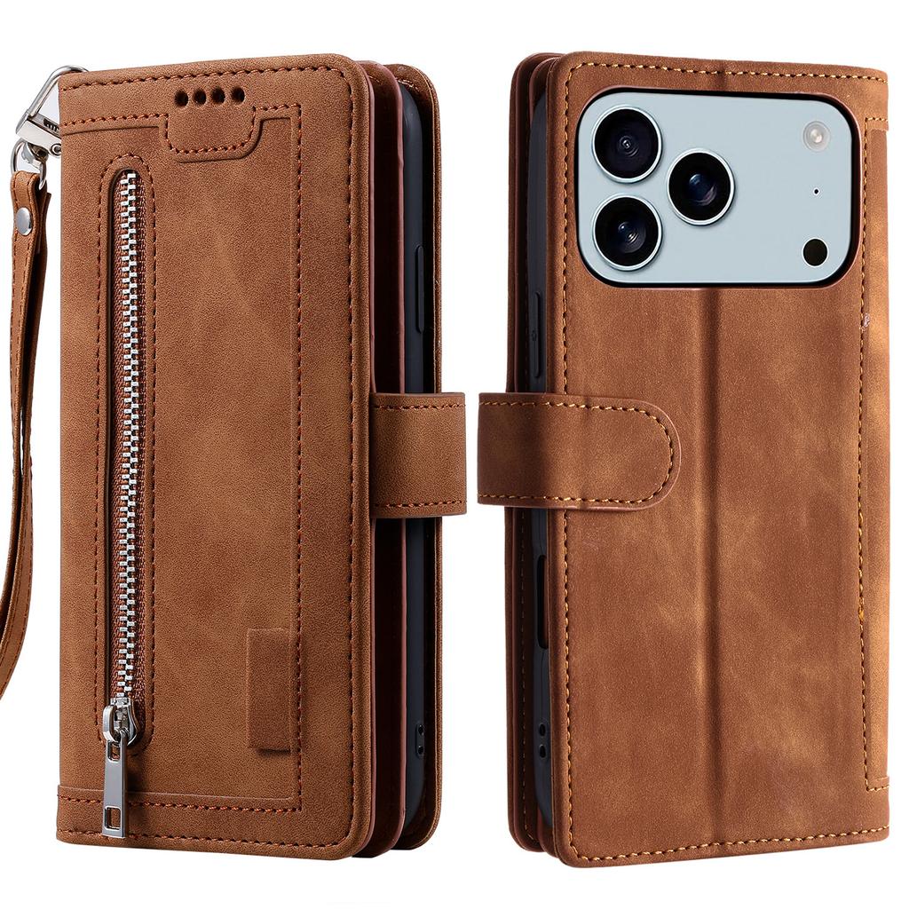 For iPhone 17 Pro Max Case 9 Card Slots Zipper Wallet PU Leather Phone Cover with Wrist Strap