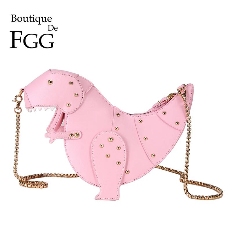 Boutique De FGG Dinosaur Design Rivets Pu Leather Girl's Chain Purse Shoulder Bag Tote Ladies Crossbody Mini Messenger Bag Flap