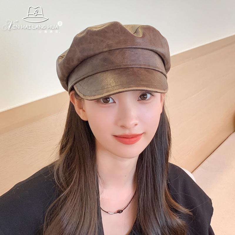Показать маленькую темпераментную шапку из искусственной кожи, кепку для детей, осень и зима, новый ретро, литературный и универсальный, черный восьмиугольный берет