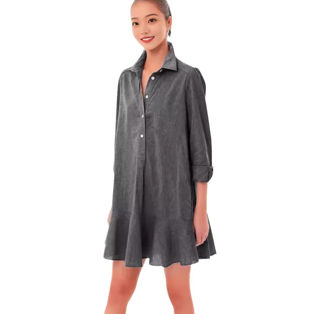 Весна и лето однотонное платье с длинными рукавами и лацканами, подол с рисунком листьев лотоса для женщин