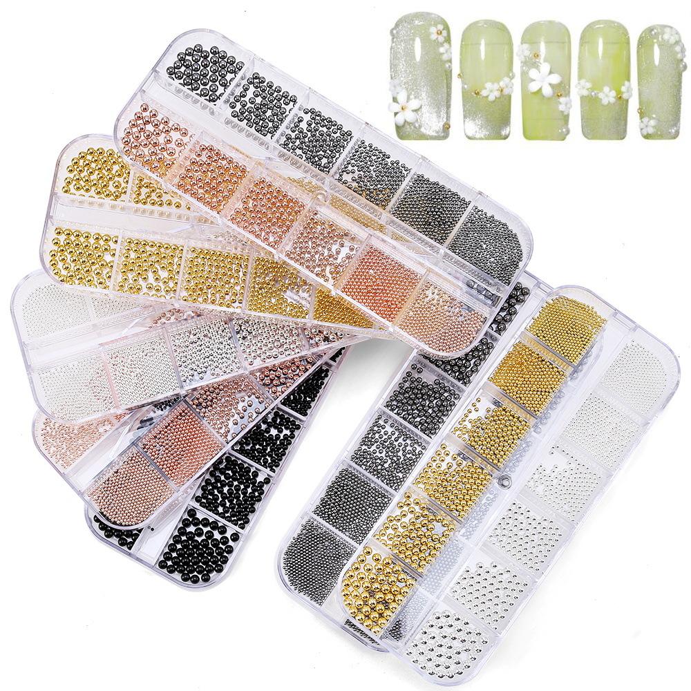12 сеток, золото, серебро, стальные шарики для дизайна ногтей, смешанные аксессуары для маникюра своими руками, набор для украшения ногтей