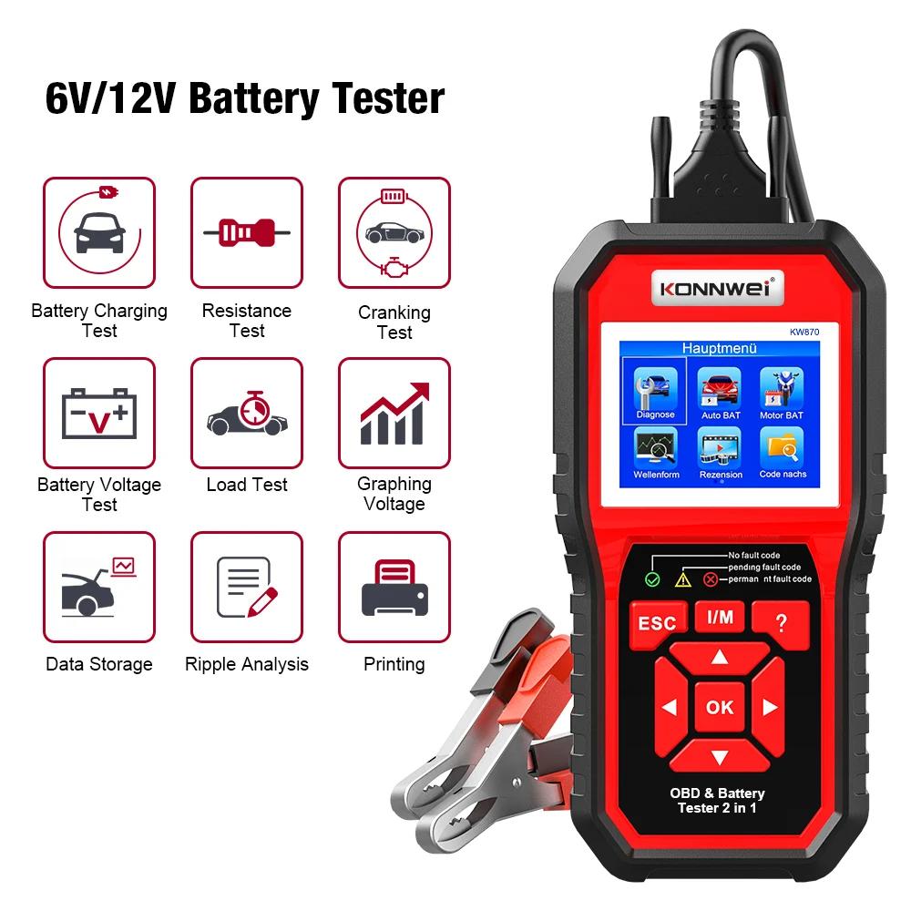 KONNWEI KW870 6 В 12 В автомобильный мотоцикл аккумуляторный тестер OBD2 диагностический инструмент сканер 2 в 1 тестовые инструменты для зарядки и проворачивания автомобиля