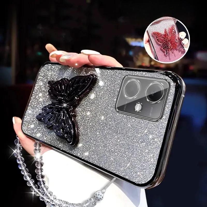 3D Держатель для телефона в виде бабочки, Хрустальный браслет, Блестящий чехол с покрытием для Xiaomi Redmi Note 12 Pro Plus 4G 5G, Задняя крышка