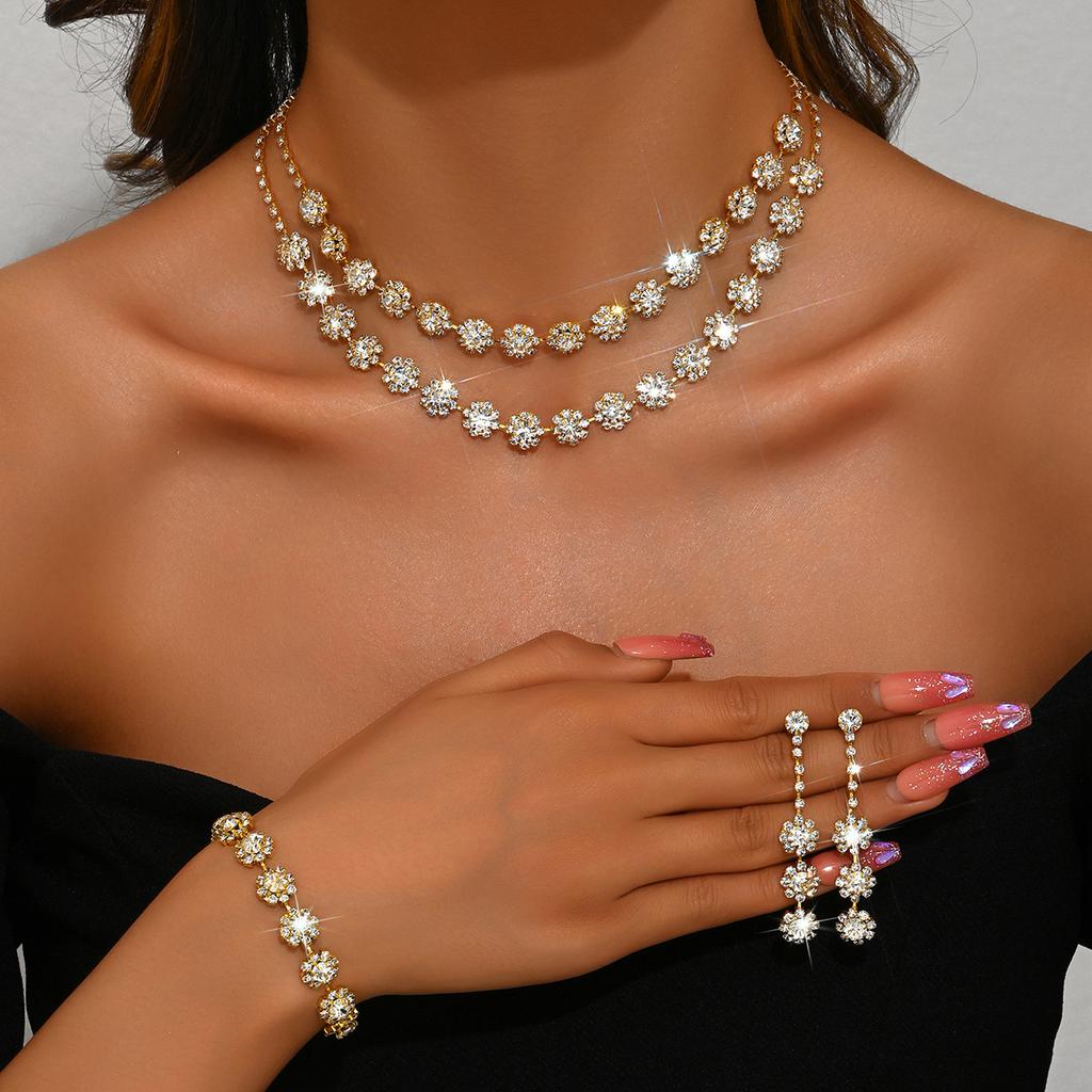 Women Inlaid Rhinestone Chain Necklace Earrings Bracelet Wedding Party Festival Gift