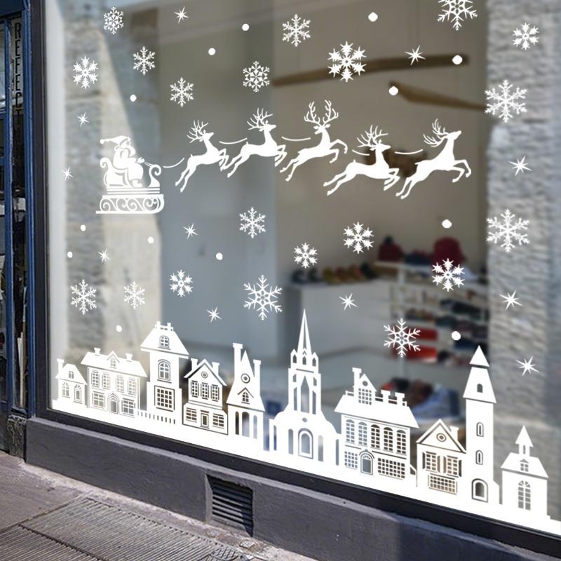 2026 New Static Christmas Window Stickers White Santa House Scene Non-Trace Removable Decals for Glass Home Party Decor