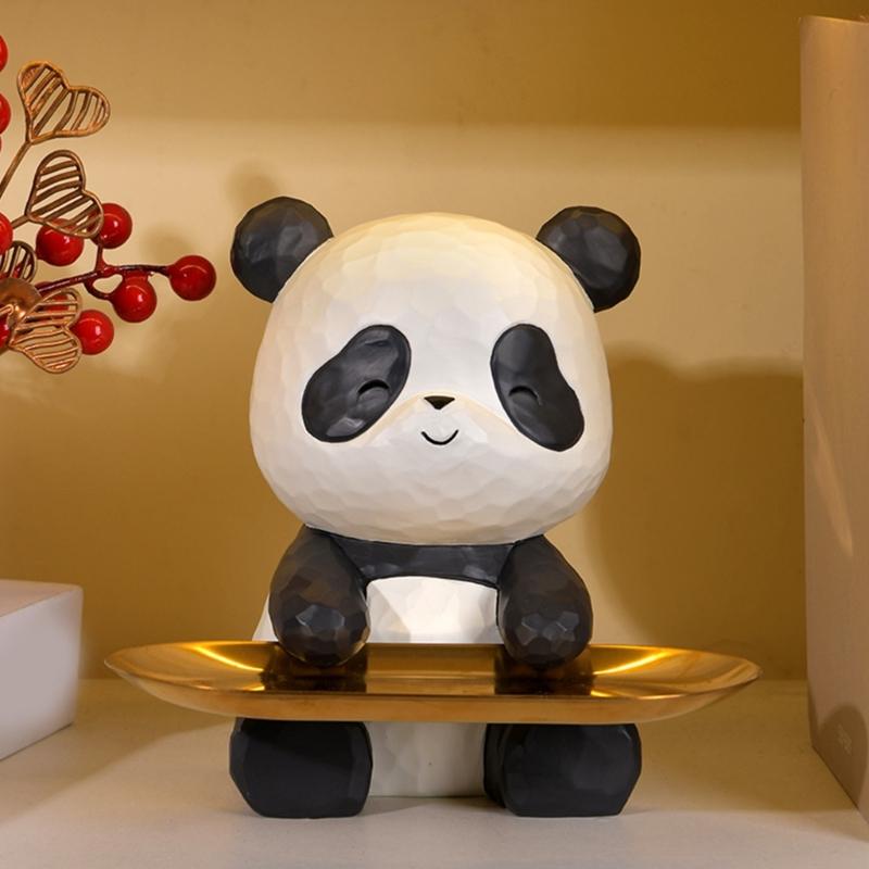 Decorative Panda Resins Statue with Storage Tray for Key and Trinkets Animal Sculpture Entryway Living Room Table Decors